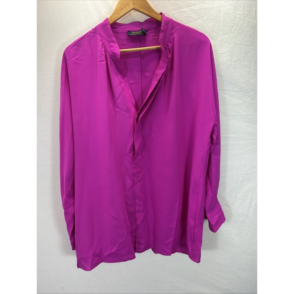 Polo Ralph Lauren Women's Size L 100% Silk Blouse Hot Pink V Neck Office Travel